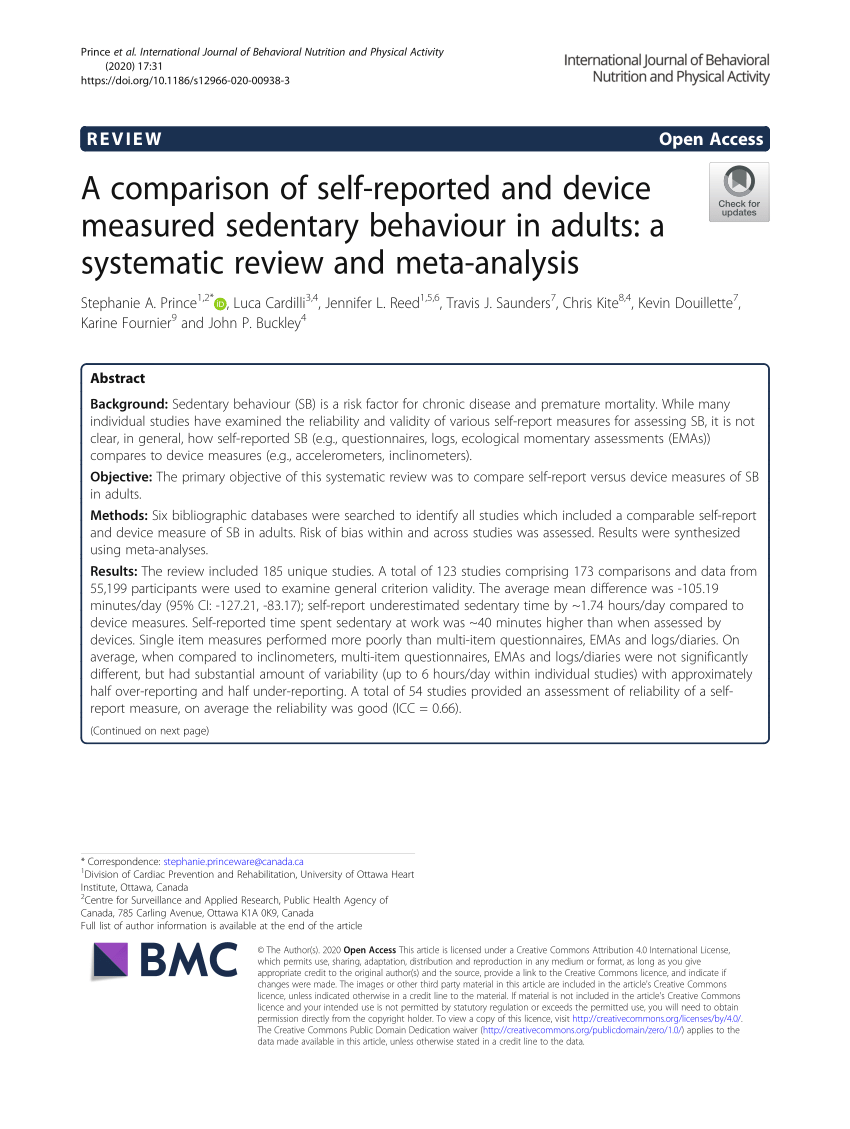 Pdf A Comparison Of Self Reported And Device Measured Sedentary Behaviour In Adults A Systematic Review And Meta Analysis