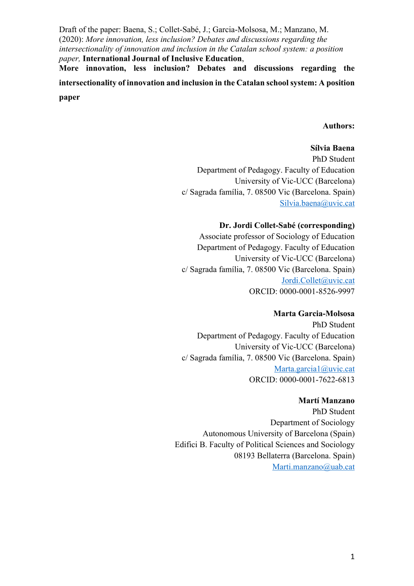 Pdf More Innovation Less Inclusion Debates And Discussions Regarding The Intersectionality Of Innovation And Inclusion In The Catalan School System A Position Paper