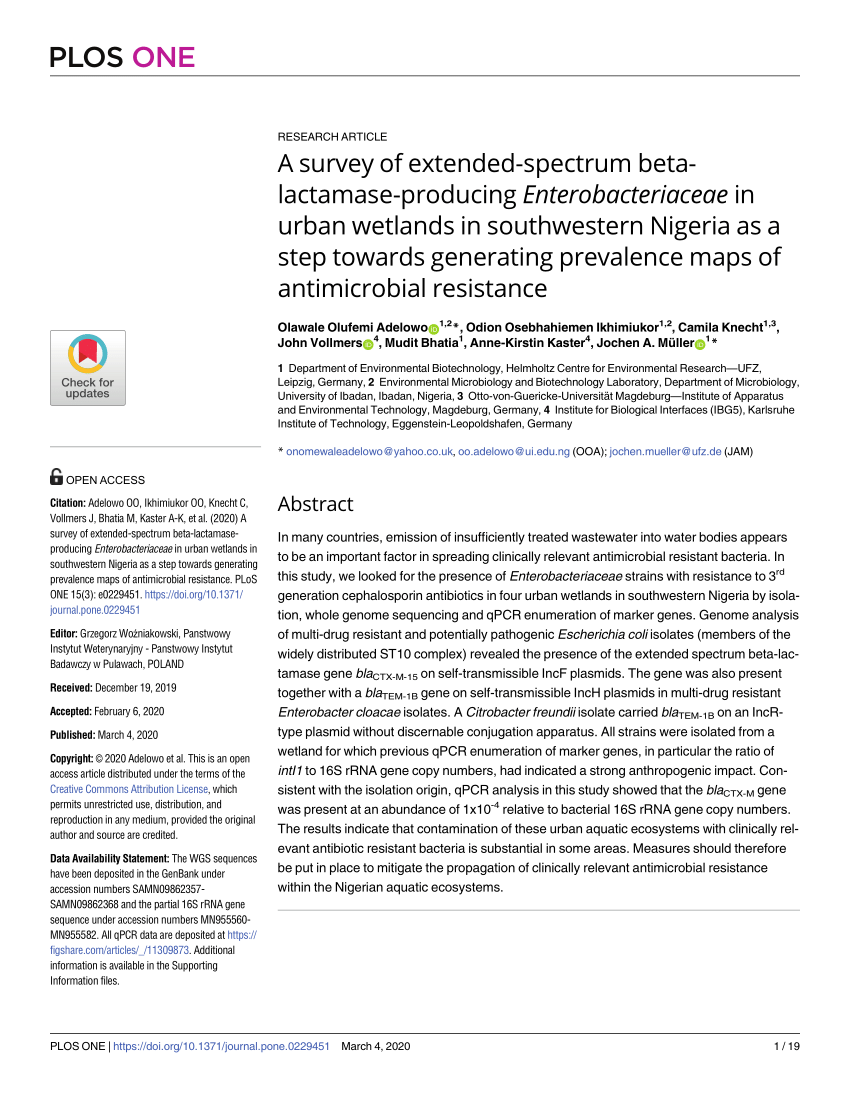 Pdf A Survey Of Extended Spectrum Beta Lactamase Producing Enterobacteriaceae In Urban Wetlands In Southwestern Nigeria As A Step Towards Generating Prevalence Maps Of Antimicrobial Resistance