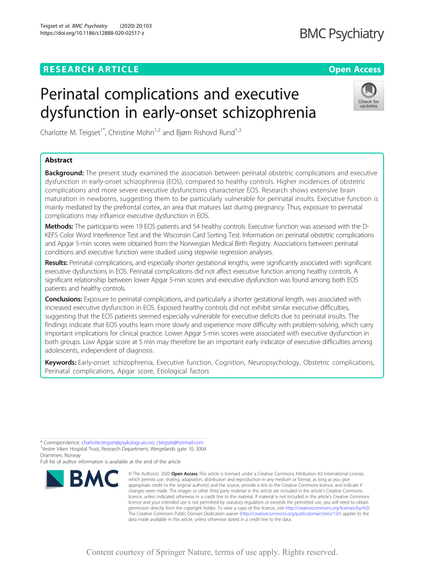 PDF Perinatal complications and executive dysfunction in early  