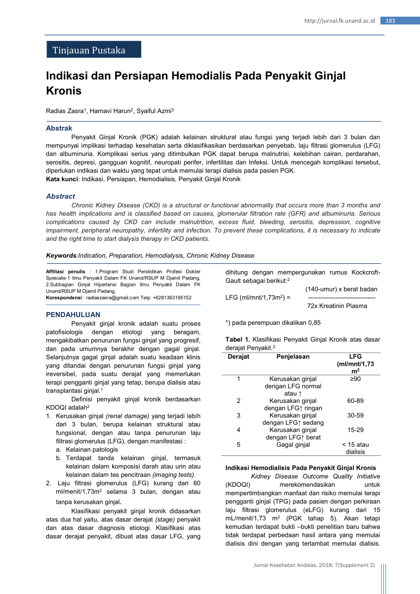 Pdf Indikasi Dan Persiapan Hemodialis Pada Penyakit Ginjal Kronis