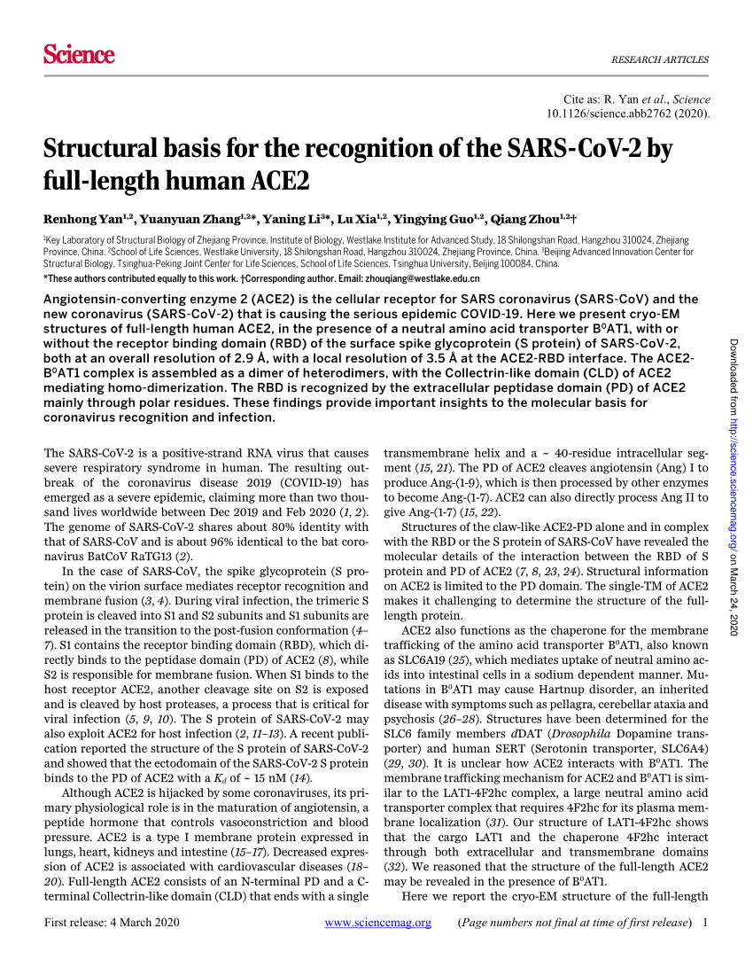 Pdf Structural Basis For The Recognition Of The Sars Cov 2 By Full Length Human Ace2