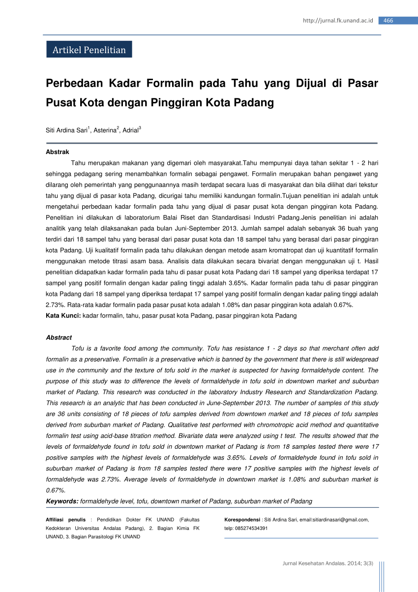 Pdf Pemeriksaan Formalin Pada Tahu Yang Beredar Di Pa