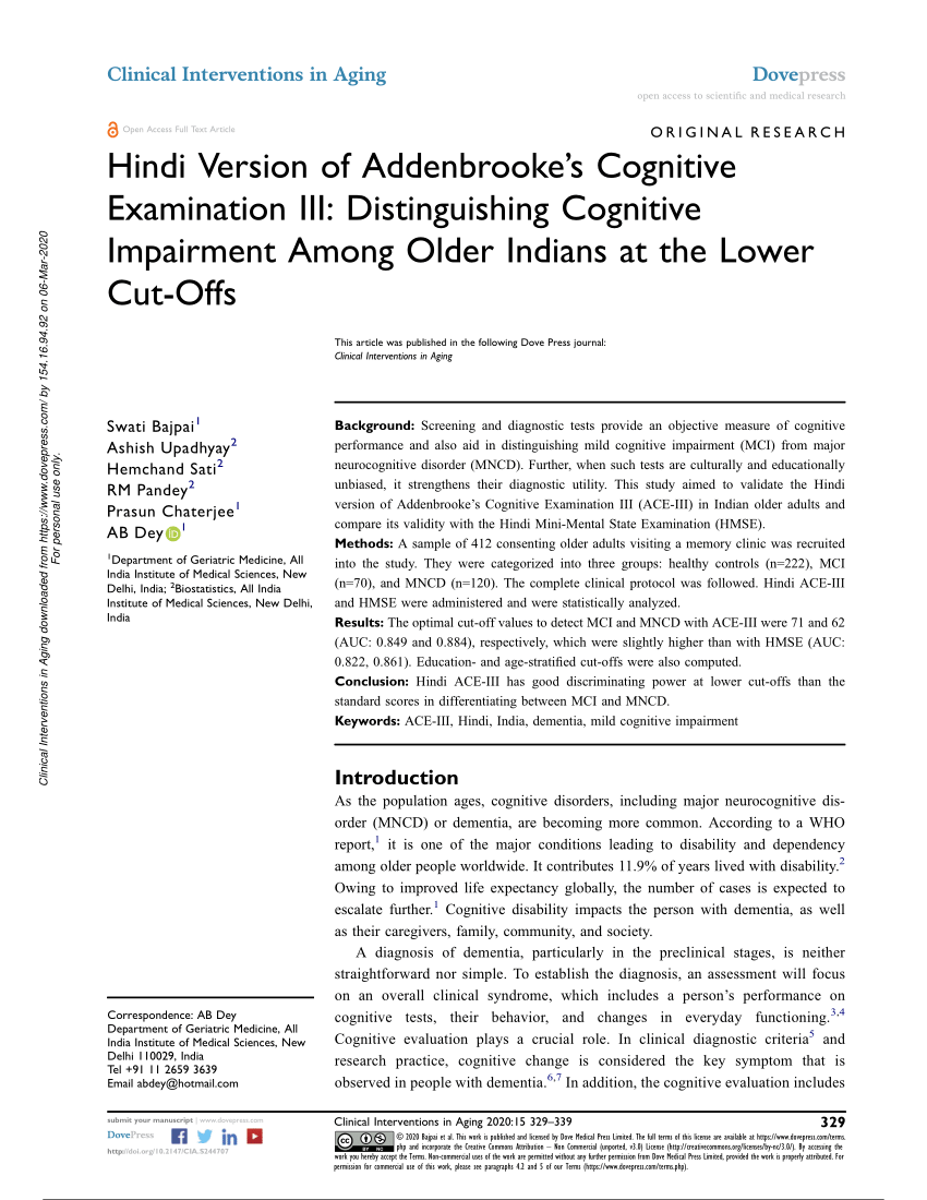 Pdf Hindi Version Of Addenbrooke S Cognitive Examination Iii Distinguishing Cognitive Impairment Among Older Indians At The Lower Cut Offs