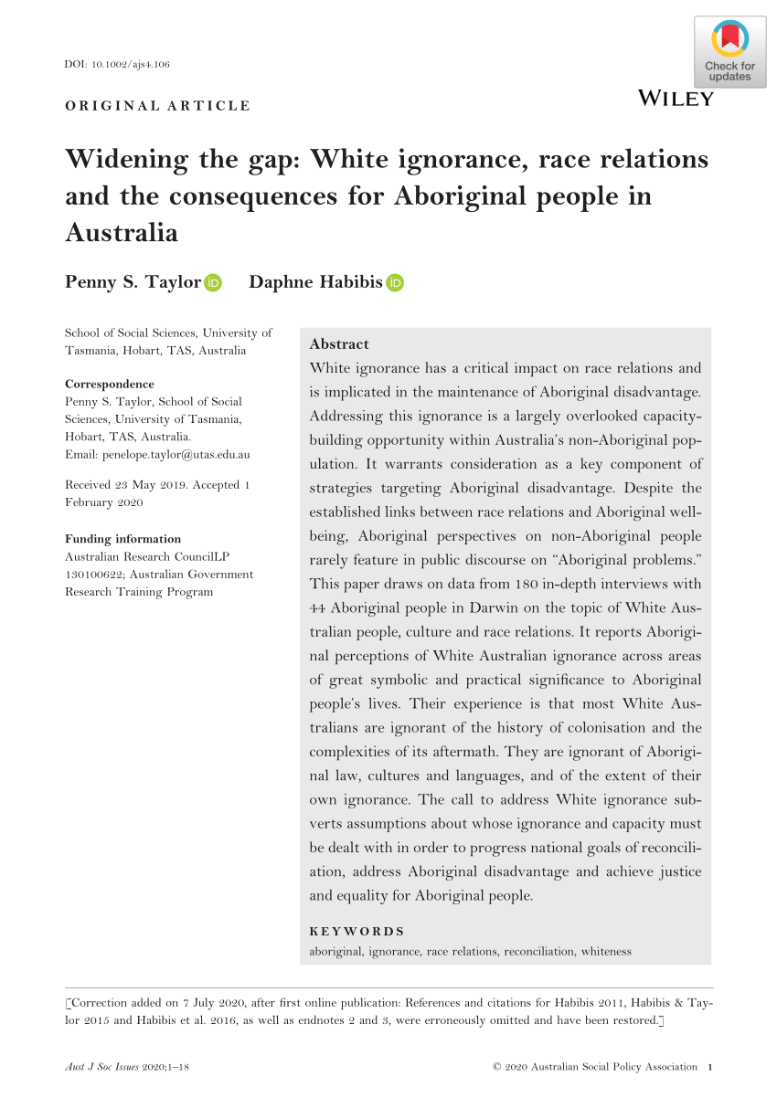 Pdf Widening The Gap White Ignorance Race Relations And The Consequences For Aboriginal People In Australia