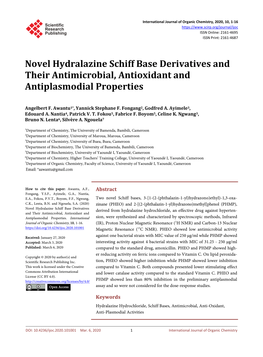 Pdf Novel Hydralazine Schiff Base Derivatives And Their Antimicrobial Antioxidant And Antiplasmodial Properties