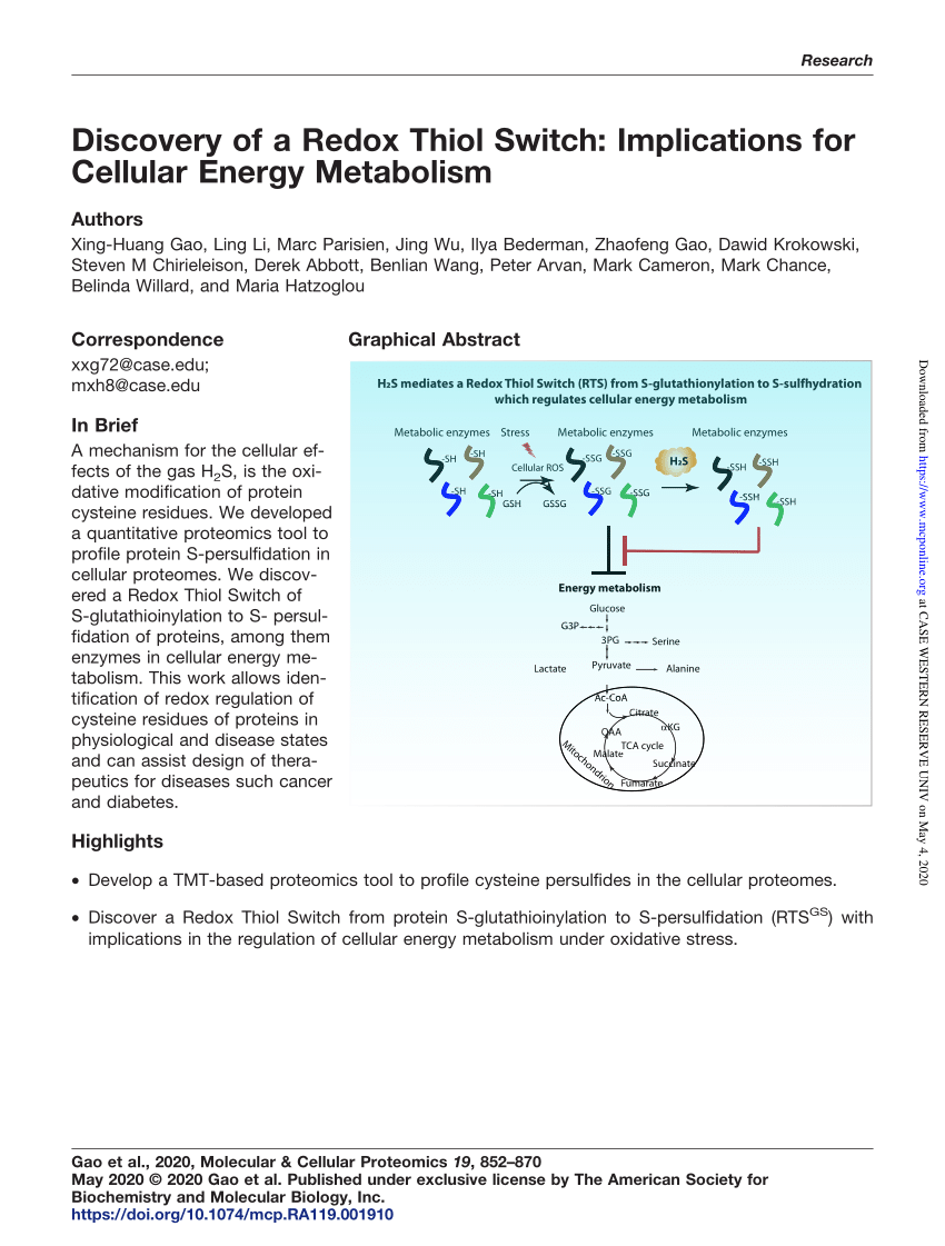 Pdf Discovery Of A Redox Thiol Switch Implications For Cellular Energy Metabolism