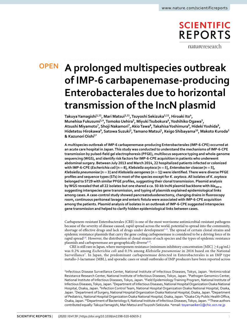 Pdf A Prolonged Multispecies Outbreak Of Imp 6 Carbapenemase Producing Enterobacterales Due To Horizontal Transmission Of The Incn Plasmid