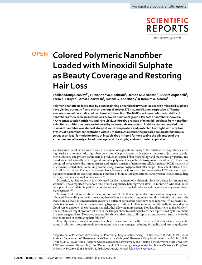 PDF) Colored Polymeric Nanofiber Loaded with Minoxidil Sulphate as Beauty  Coverage and Restoring Hair Loss