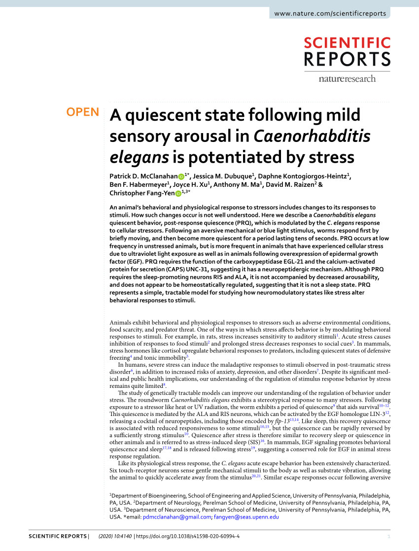 PDF) A quiescent state following mild sensory arousal in ...