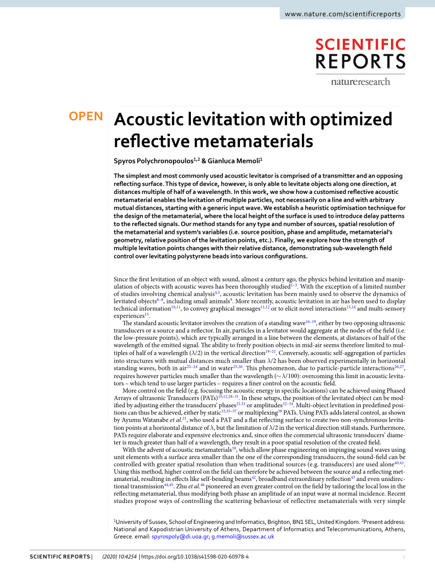 Pdf Acoustic Levitation With Optimized Reflective Metamaterials