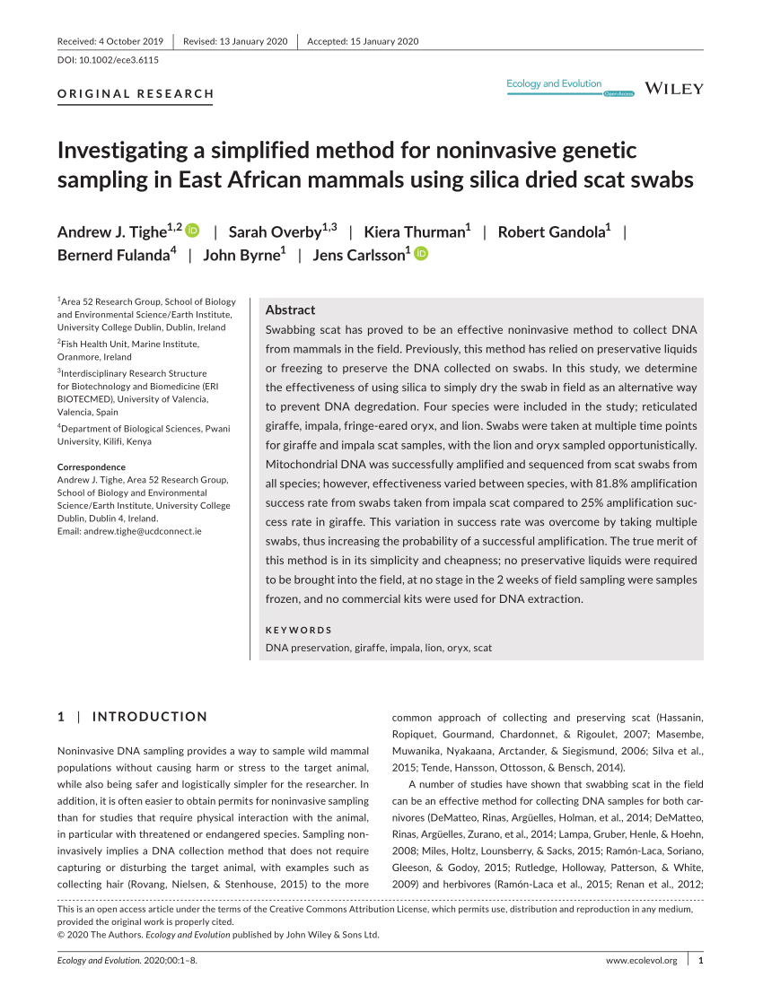 PDF) Investigating a simplified method for noninvasive genetic sampling in  East African mammals using silica dried scat swabs