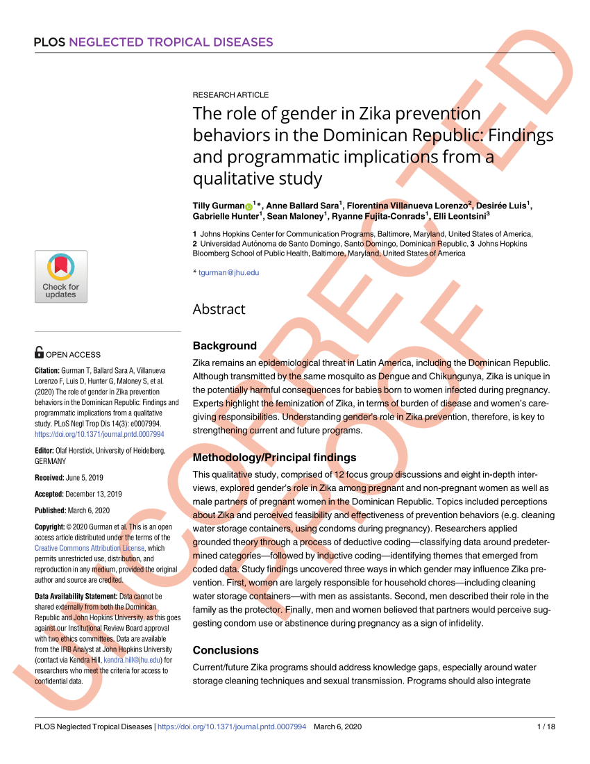 (PDF) The role of gender in Zika prevention behaviors in the Dominican