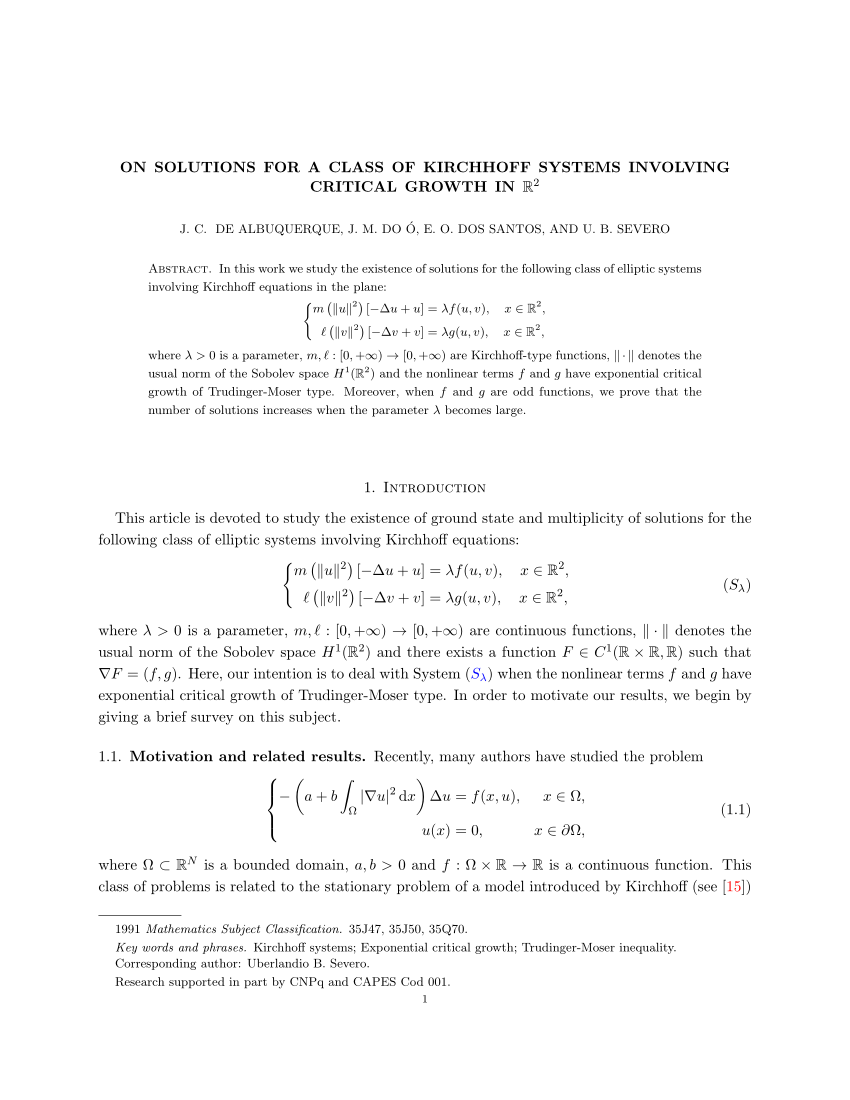 Pdf On Solutions For A Class Of Kirchhoff Systems Involving Critical Growth In R 2