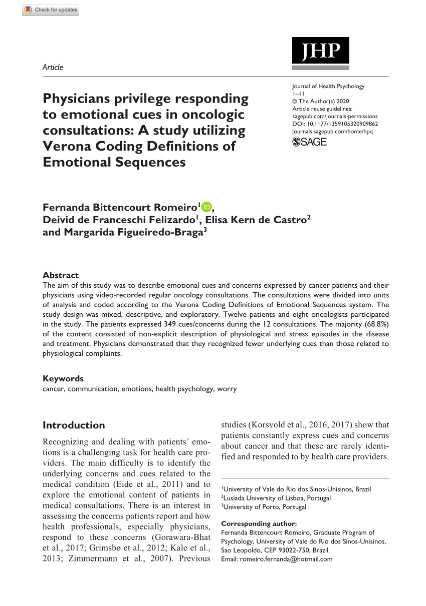 Pdf Physicians Privilege Responding To Emotional Cues In Oncologic Consultations A Study Utilizing Verona Coding Definitions Of Emotional Sequences