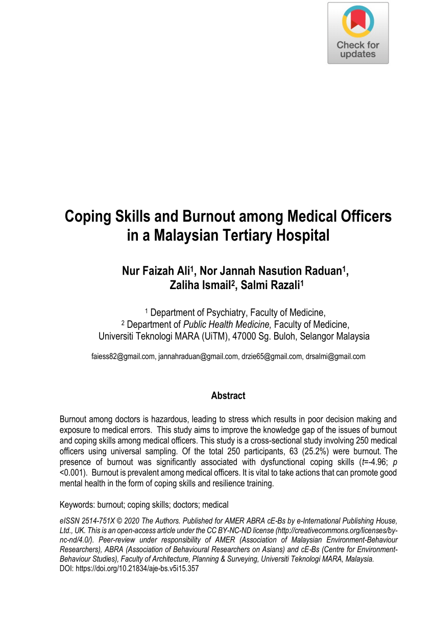Pdf Coping Skills And Burnout Among Medical Officers In A Malaysian Tertiary Hospital