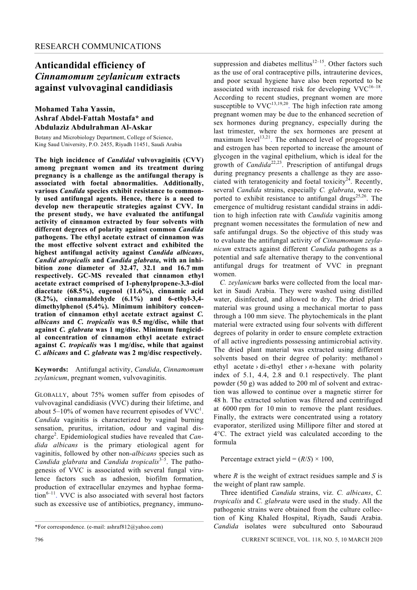 Pdf Anticandidal Efficiency Of Cinnamomum Zeylanicum Extracts Against Vulvovaginal Candidiasis 