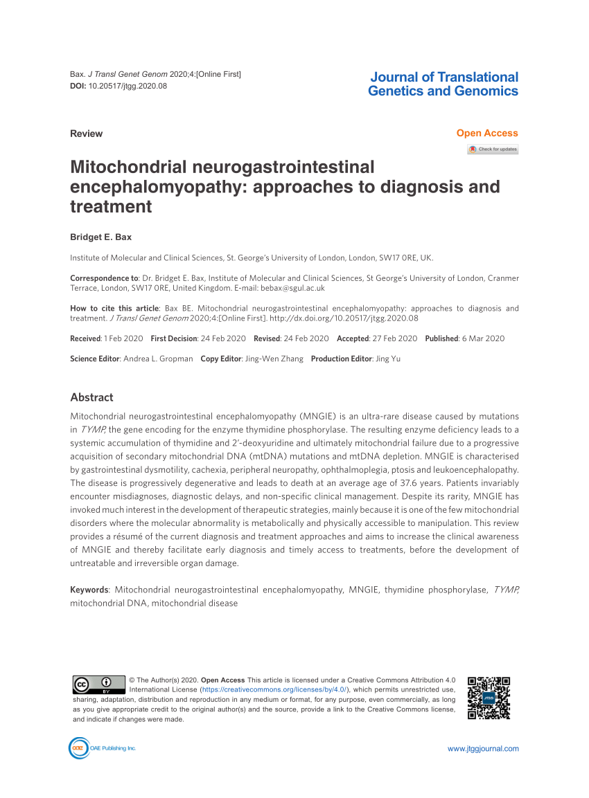 Pdf Mitochondrial Neurogastrointestinal Encephalomyopathy Approaches To Diagnosis And Treatment