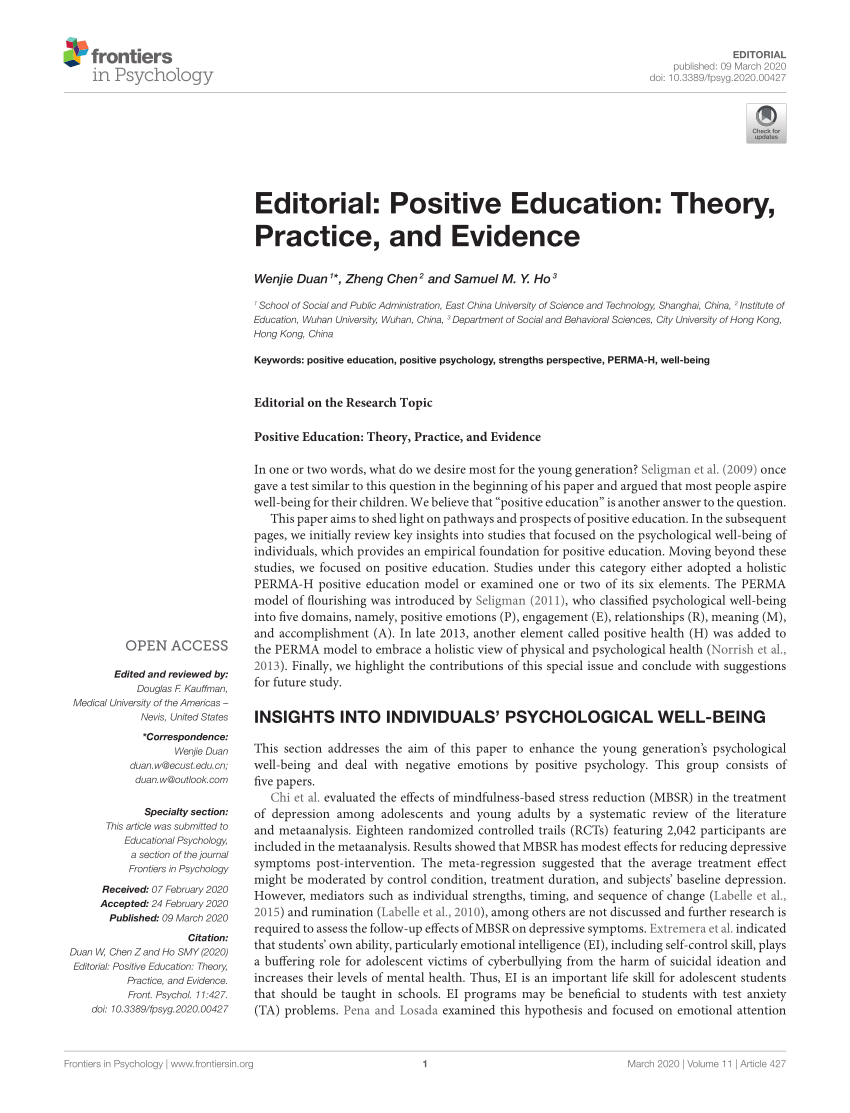 Pdf Editorial Positive Education Theory Practice And Evidence