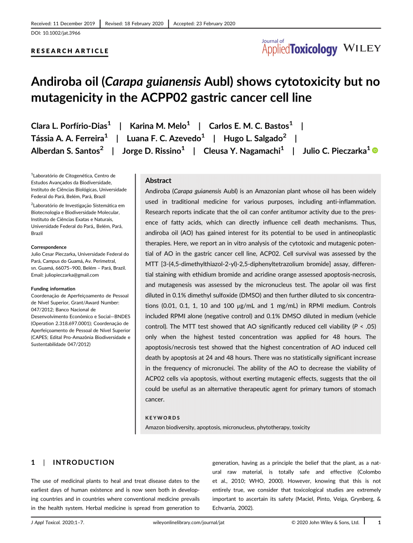 Pdf Andiroba Oil Carapa Guianensis Aubl Shows Cytotoxicity But No Mutagenicity In The Acpp02 Gastric Cancer Cell Line