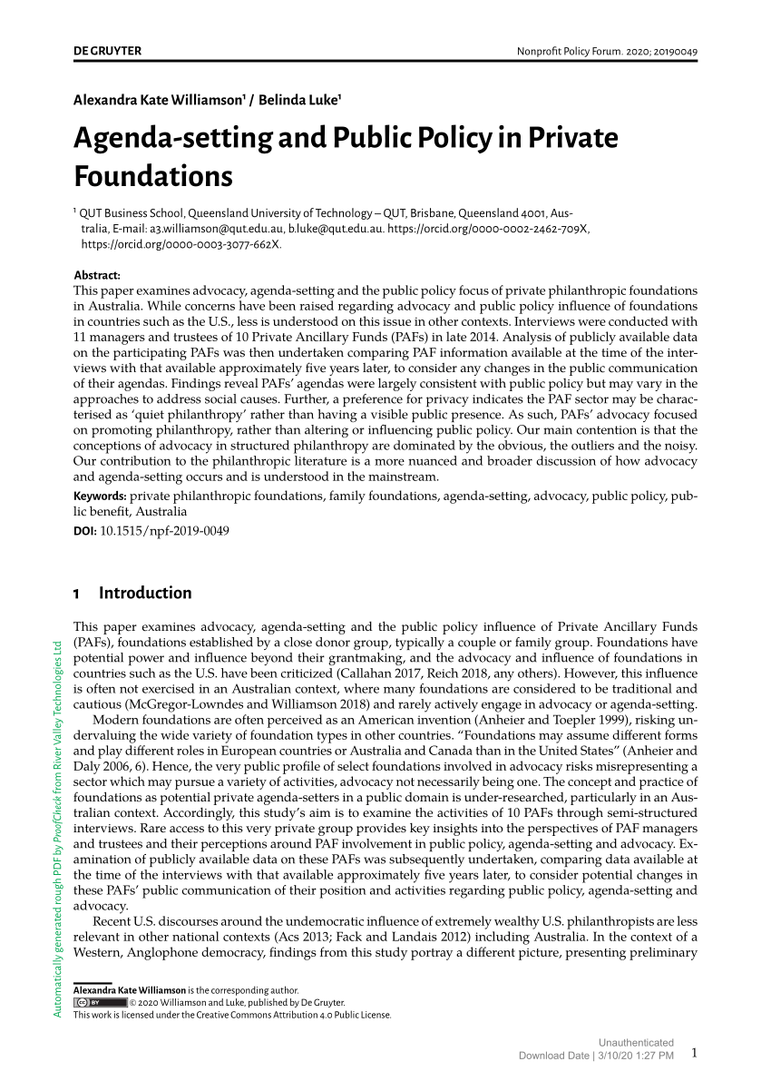 Pdf Agenda Setting And Public Policy In Private Foundations