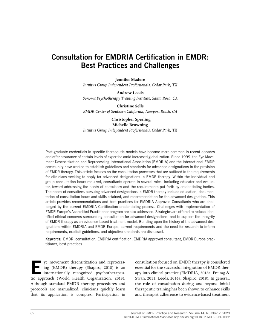 (PDF) Consultation for EMDRIA Certification in EMDR: Best Practices and
