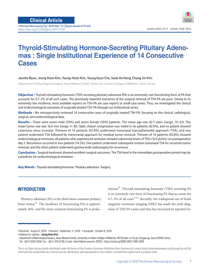 Pdf Thyroid Stimulating Hormone Secreting Pituitary Adenomas Single Institutional Experience 