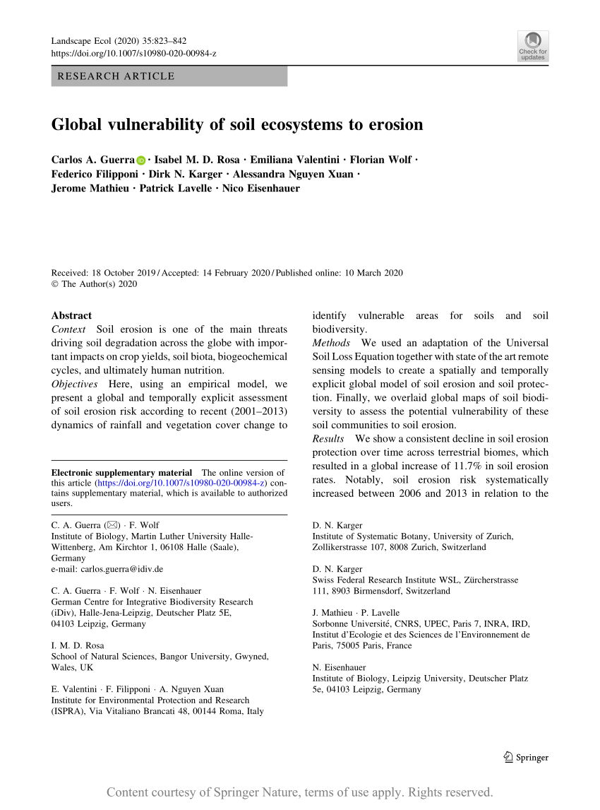 Pdf Global Vulnerability Of Soil Ecosystems To Erosion