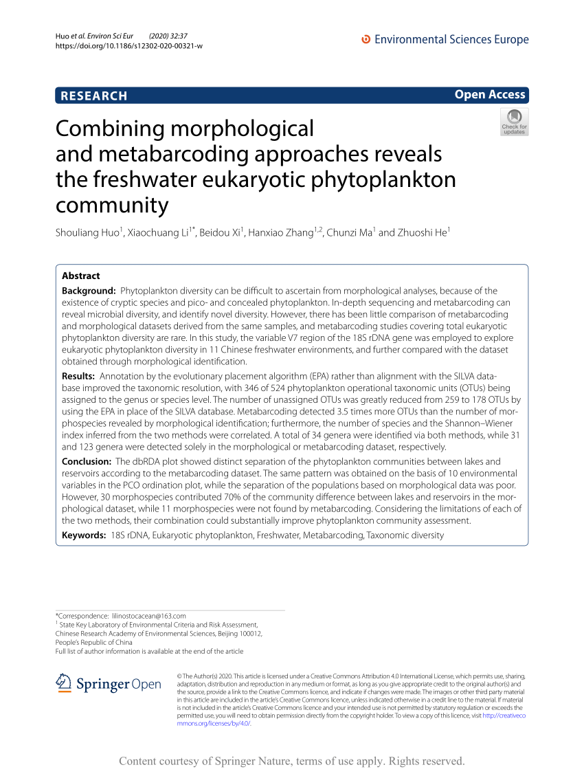 PDF) Combining morphological and metabarcoding approaches reveals the  freshwater eukaryotic phytoplankton community