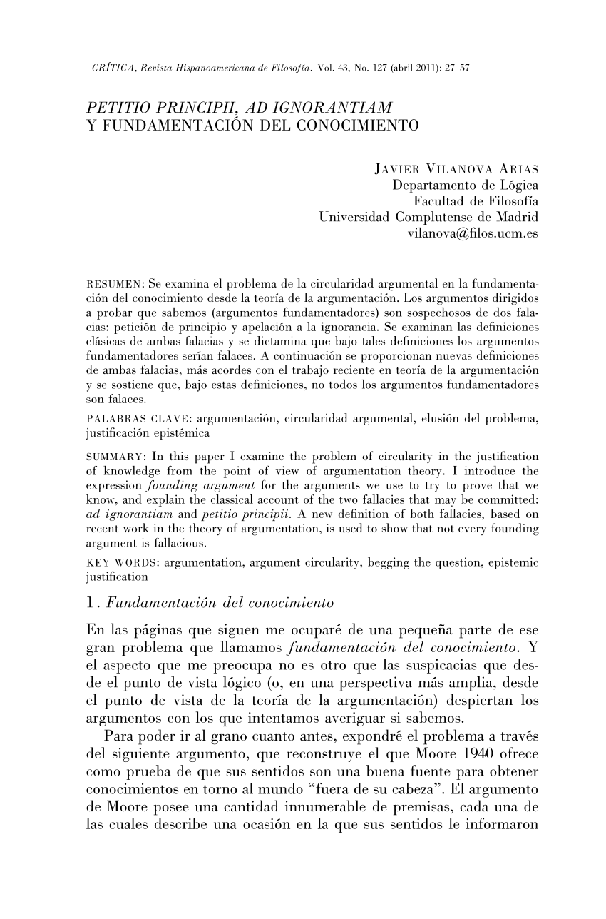 (PDF) Petitio Principii, Ad Ignorantiam y fundamentación del conocimiento