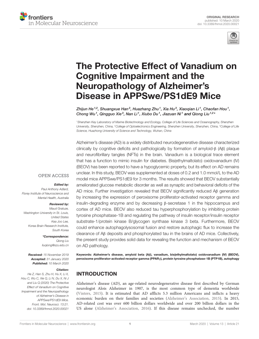 PDF) The Protective Effect of Vanadium on Cognitive Impairment and 