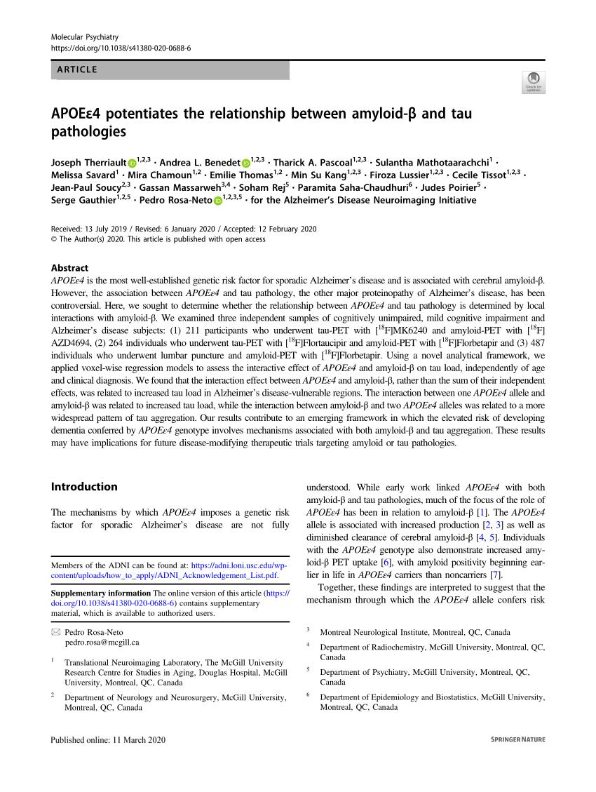 Pdf Apoee4 Potentiates The Relationship Between Amyloid B And Tau Pathologies