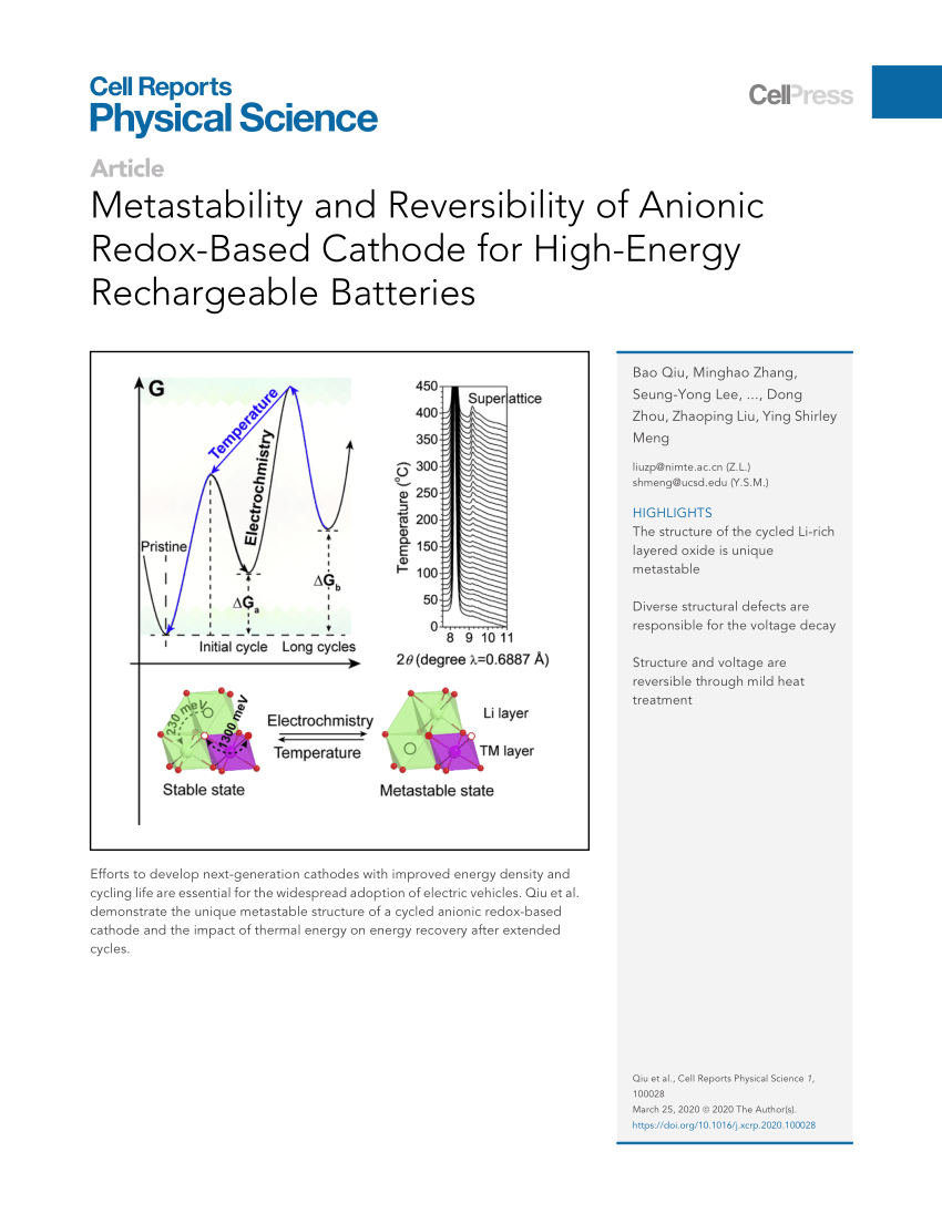 Pdf Metastability And Reversibility Of Anionic Redox Based Cathode For High Energy Rechargeable Batteries