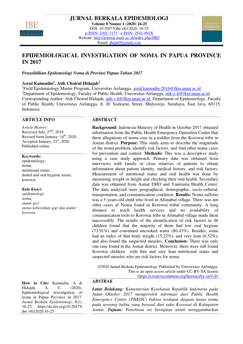 Pdf Epidemiological Investigation Of Noma In Papua Province In 2017