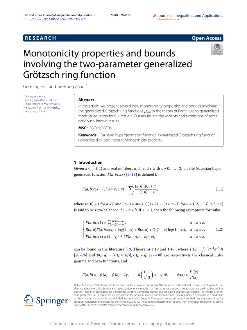 Pdf Monotonicity Properties And Bounds Involving The Two Parameter Generalized Grotzsch Ring Function