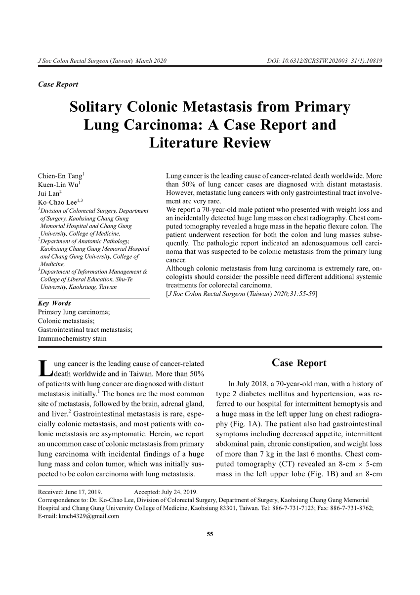 Pdf Solitary Colonic Metastasis From Primary Lung Carcinoma A Case Report And Literature Review