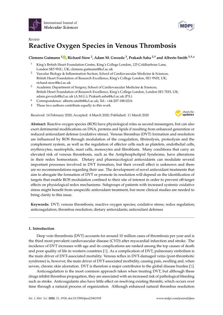 Pdf Reactive Oxygen Species In Venous Thrombosis