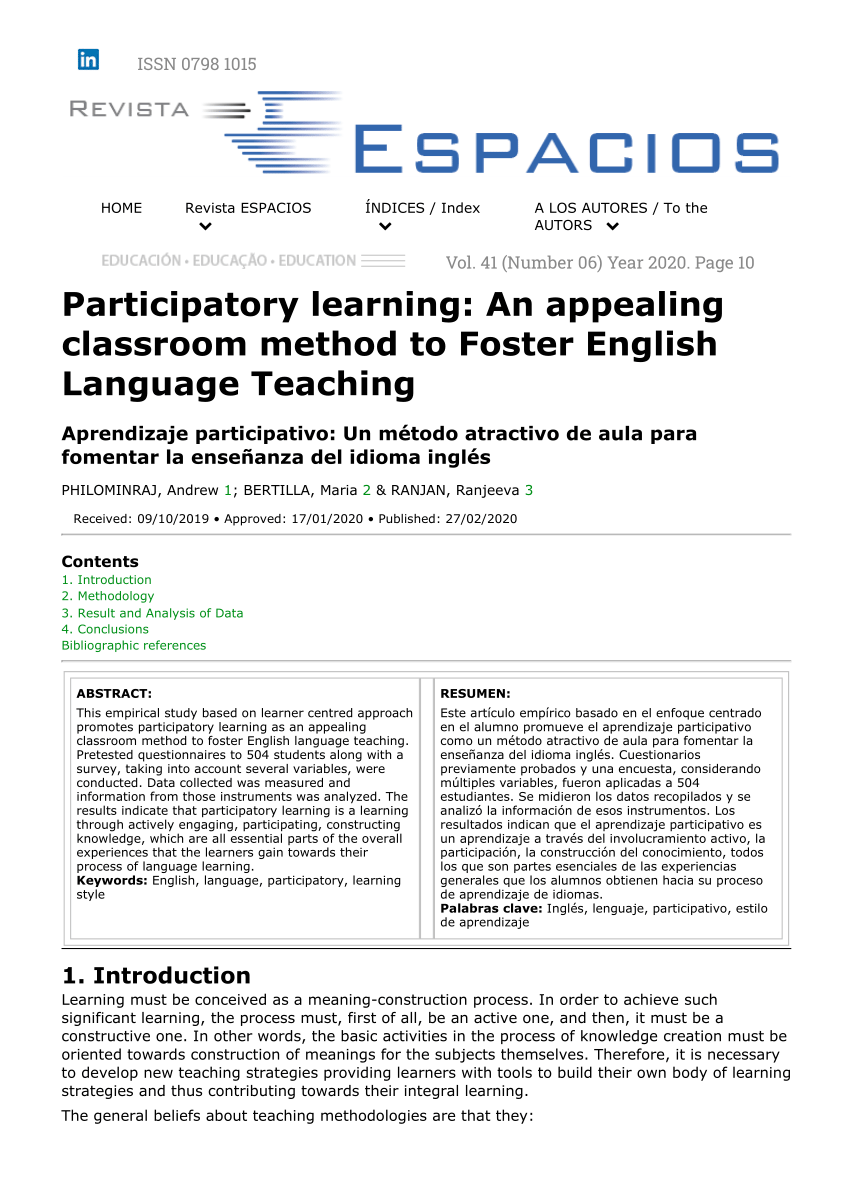 Pdf Participatory Learning An Appealing Classroom Method To Foster English Language Teaching Aprendizaje Participativo Un Metodo Atractivo De Aula Para Fomentar La Ensenanza Del Idioma Ingles