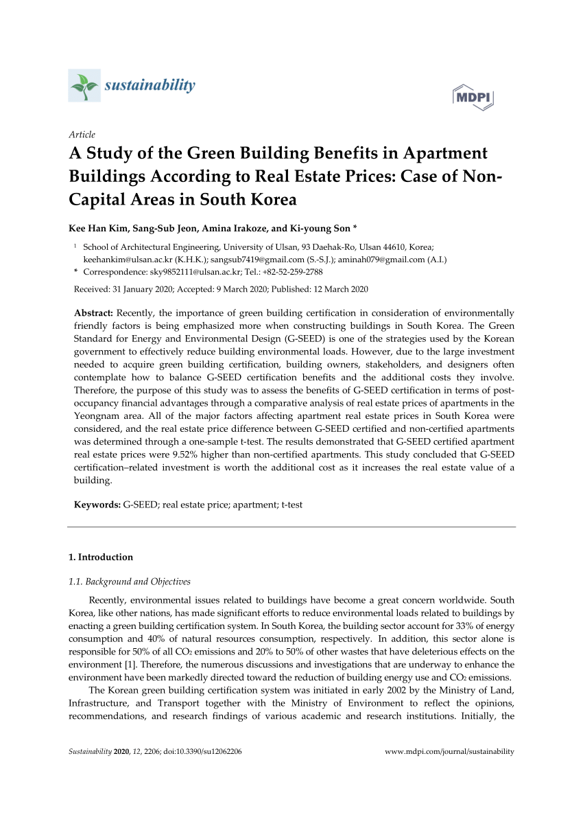 Pdf A Study Of The Green Building Benefits In Apartment Buildings According To Real Estate Prices Case Of Non Capital Areas In South Korea