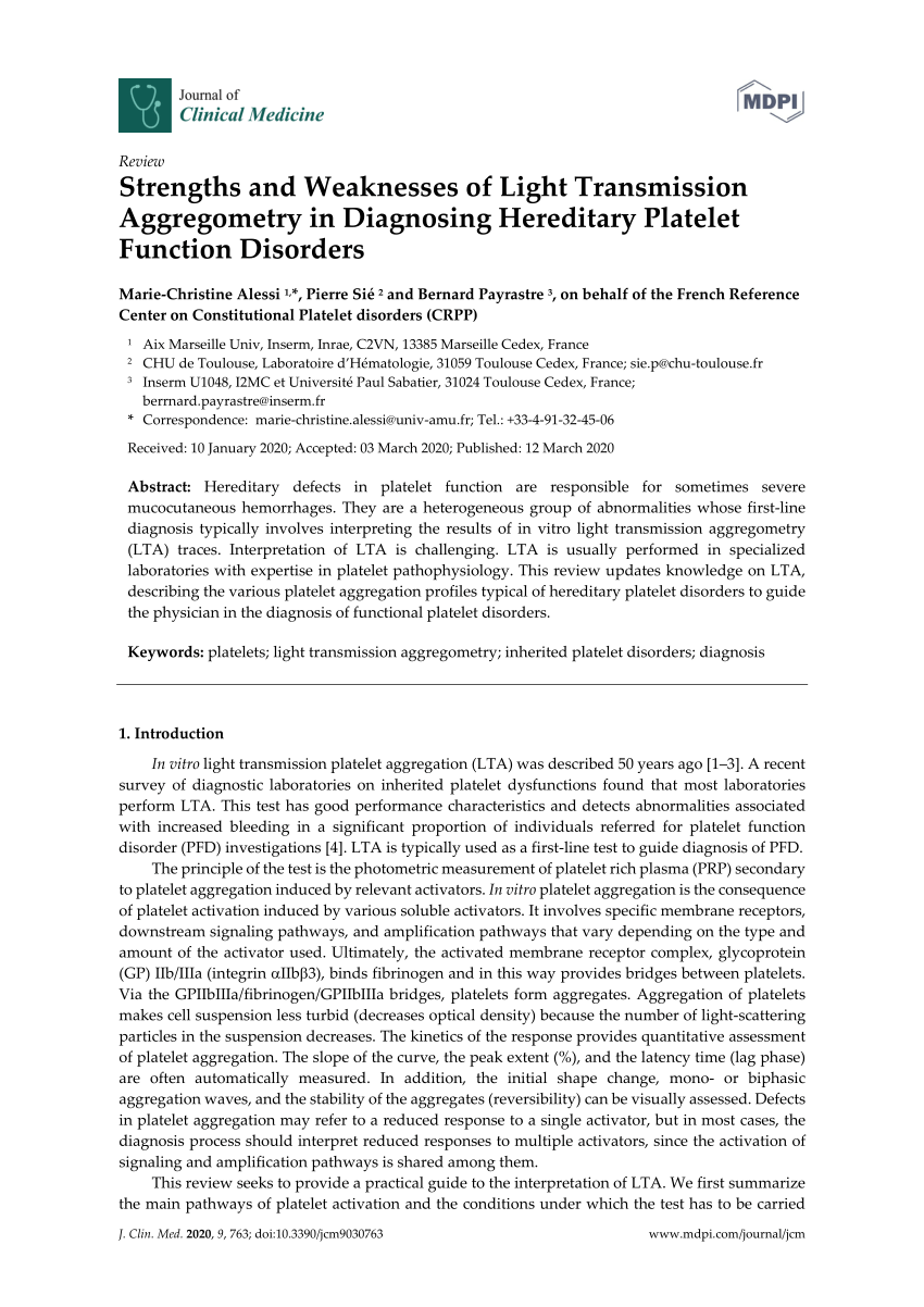 Pdf Strengths And Weaknesses Of Light Transmission Aggregometry In Diagnosing Hereditary Platelet Function Disorders