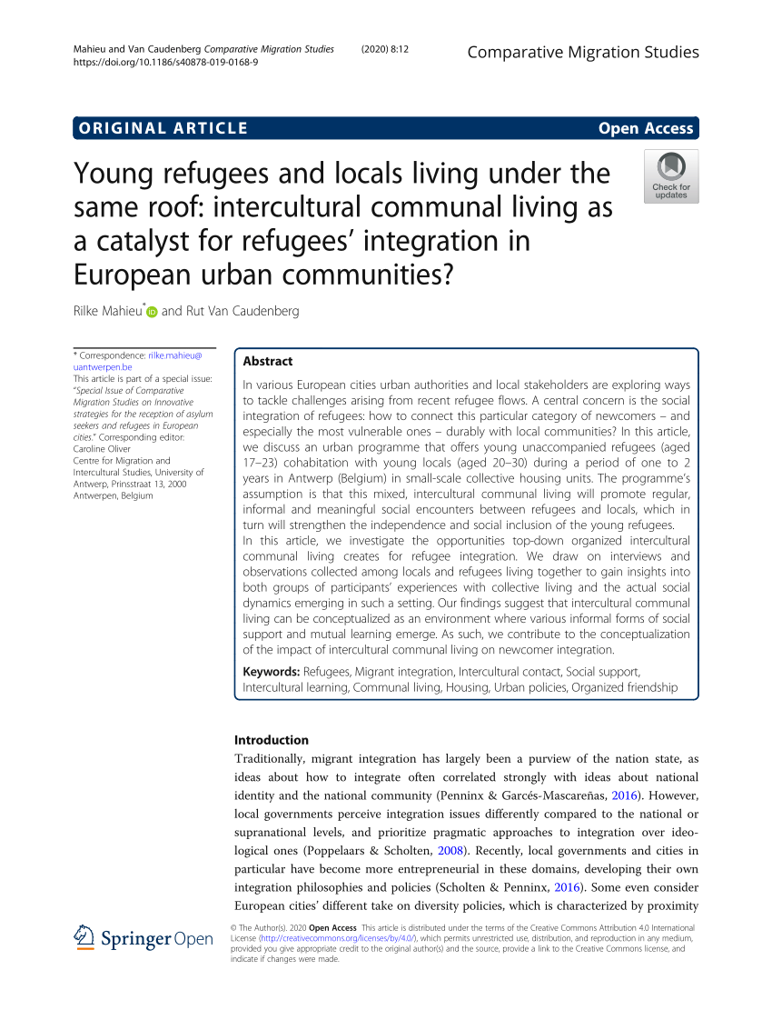 Pdf Young Refugees And Locals Living Under The Same Roof Intercultural Communal Living As A Catalyst For Refugees Integration In European Urban Communities