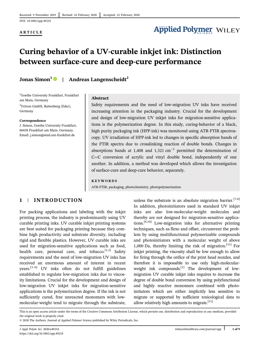 Pdf Curing Behavior Of A Uv Curable Inkjet Ink Distinction Between Surface Cure And Deep Cure Performance
