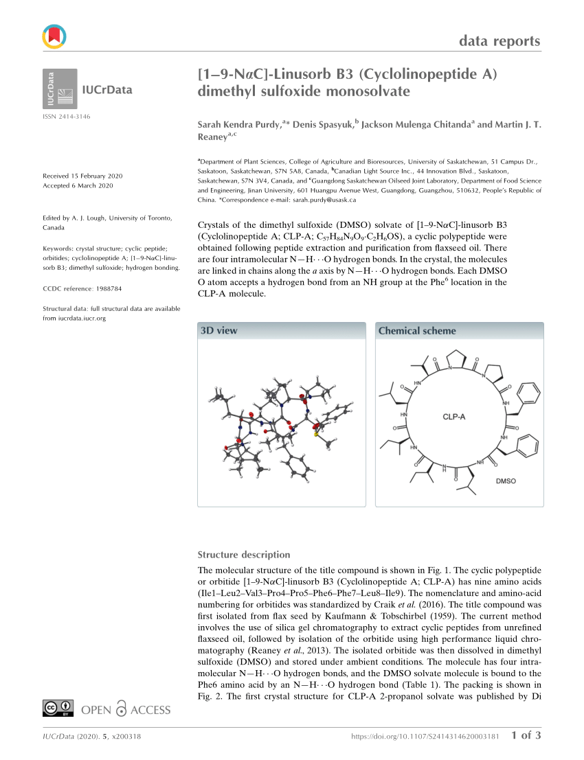 Pdf 1 9 Nac Linusorb Cyclolinopeptide A Dimethyl Sulfoxide Monosolvate