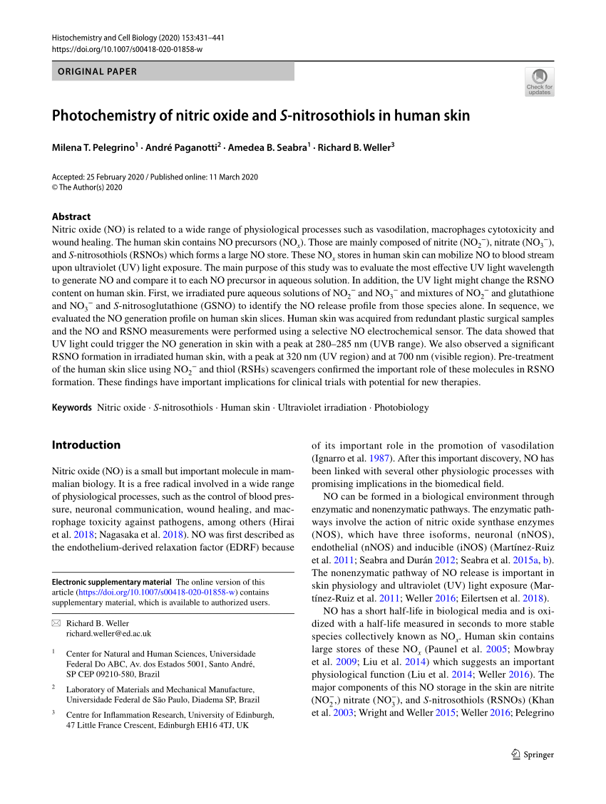 Pdf Photochemistry Of Nitric Oxide And S Nitrosothiols In Human Skin