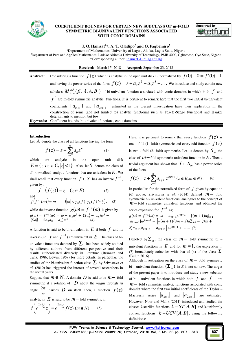 Pdf Coefficient Bounds For Certain New Subclass Of M Fold Symmetric Bi Univalent Functions Associated With Conic Domains