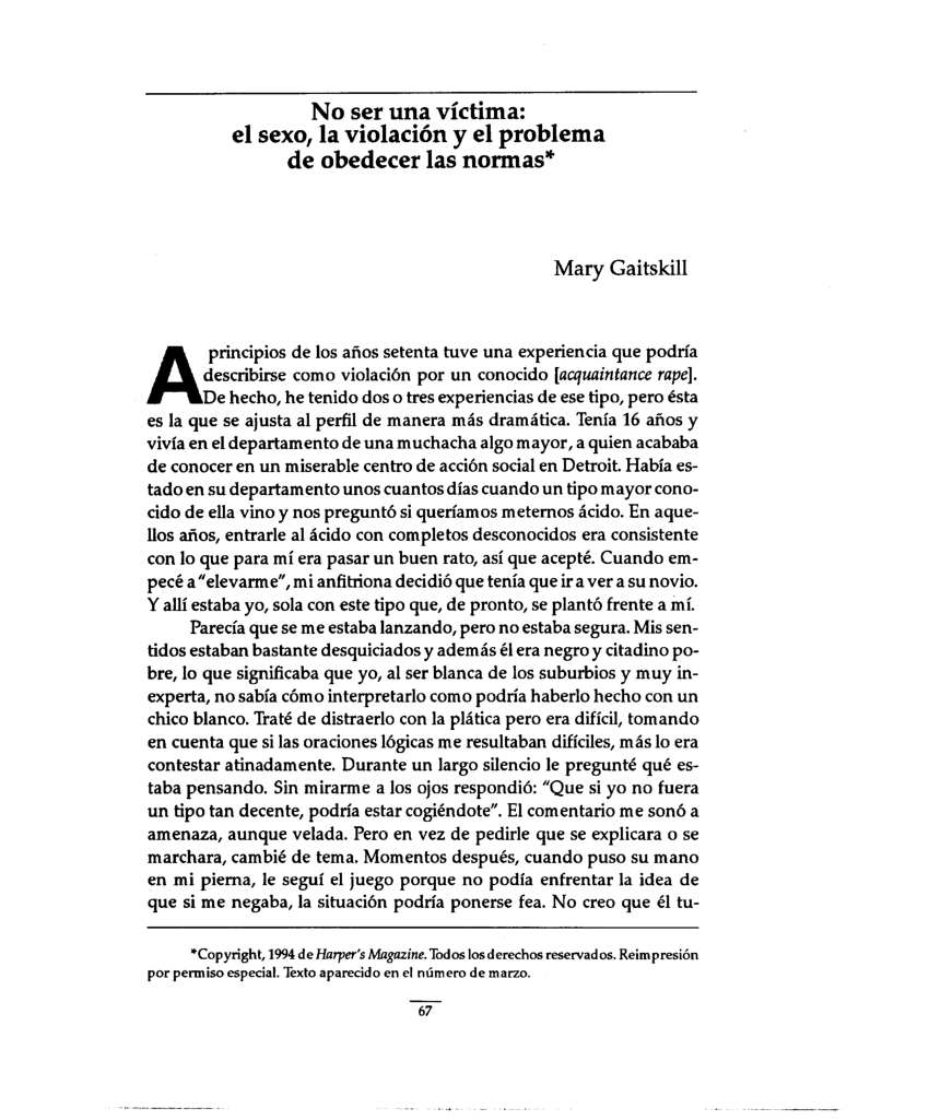 Pdf No Ser Una Víctima El Sexo La Violación Y El Problema De Obedecer Las Normas 