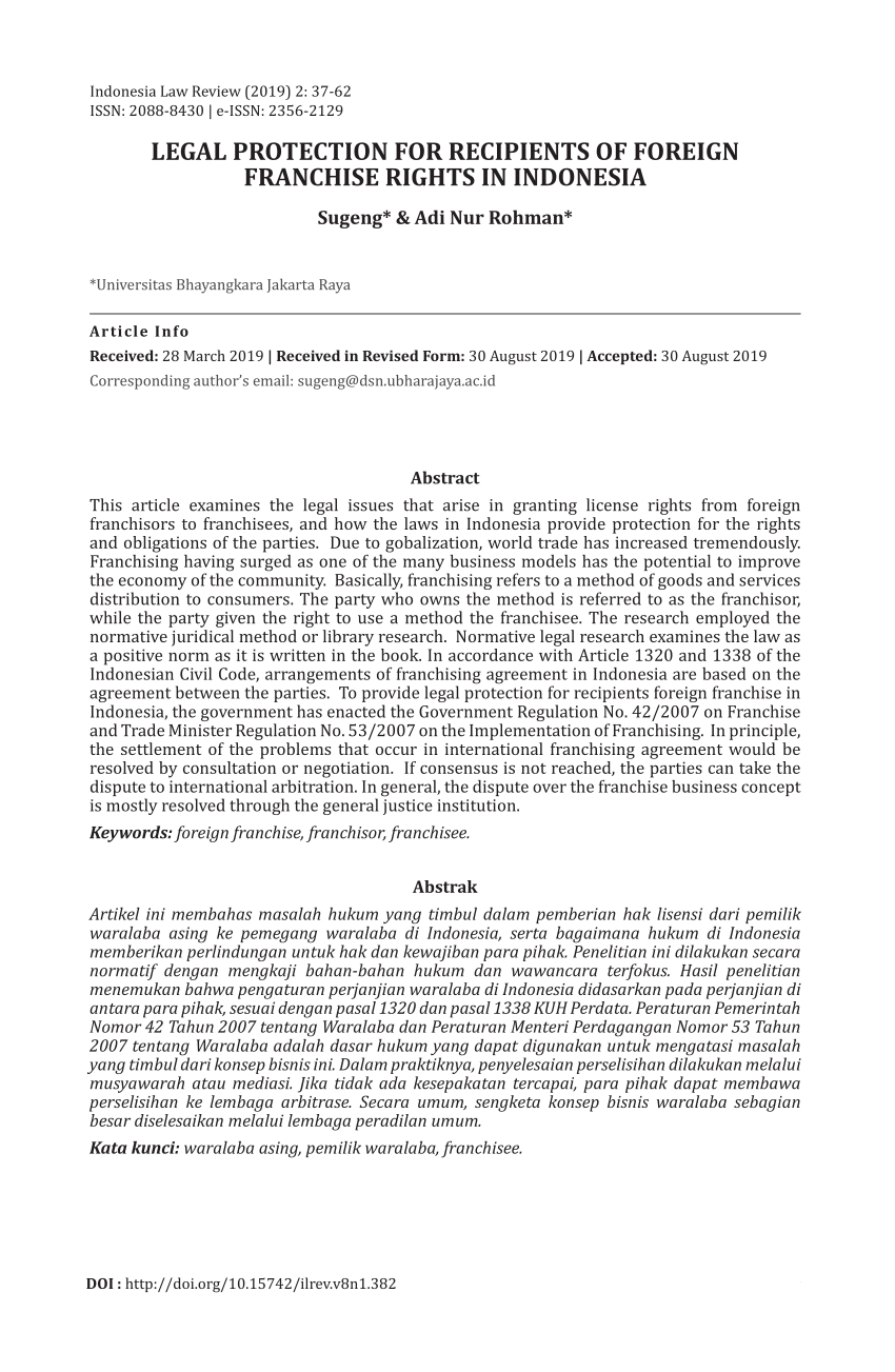 Pdf Legal Protection For Recipients Of Foreign Franchise Rights In Indonesia 45 L Egal Protection For Recipients Of Foreign Franchise Rights In Indonesia