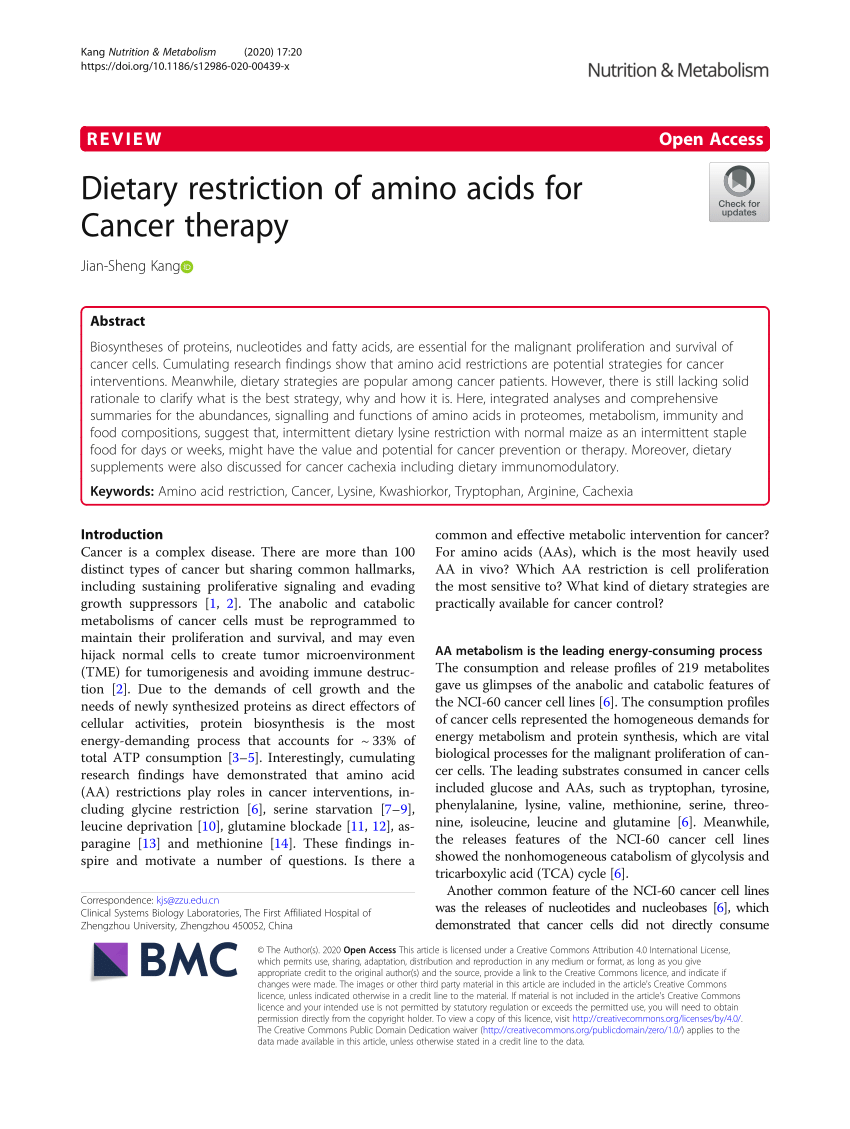 Pdf Dietary Restriction Of Amino Acids For Cancer Therapy