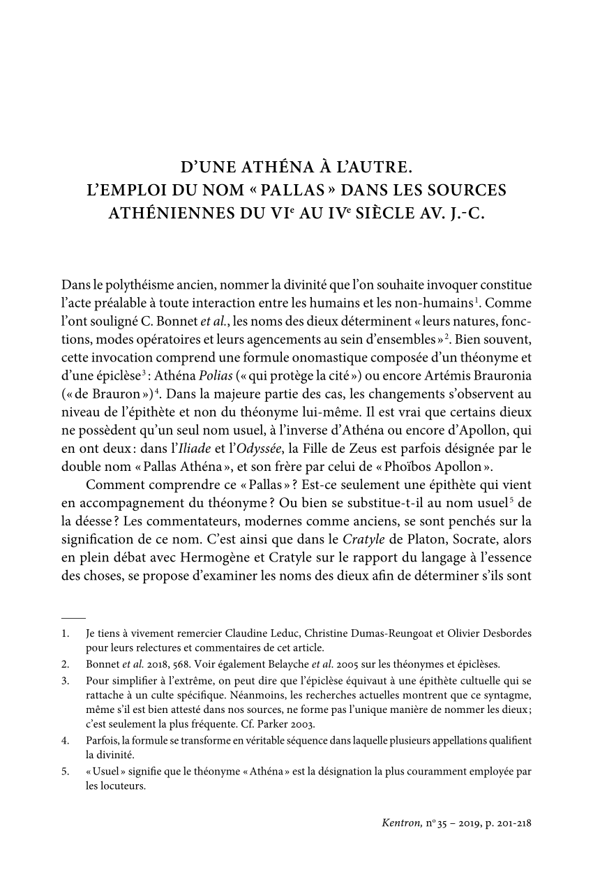 Pdf D Une Athena A L Autre L Emploi Du Nom Pallas Dans Les Sources Atheniennes Du Vie Au Ive Siecle Av J C