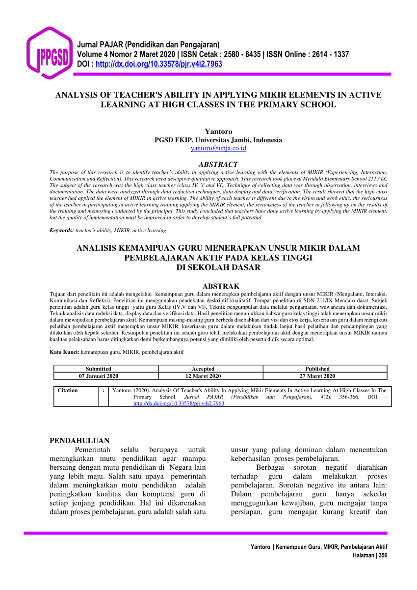 Pdf Analisis Kemampuan Guru Menerapkan Unsur Mikir Dalam Pembelajaran Aktif Pada Kelas Tinggi Di Sekolah Dasar